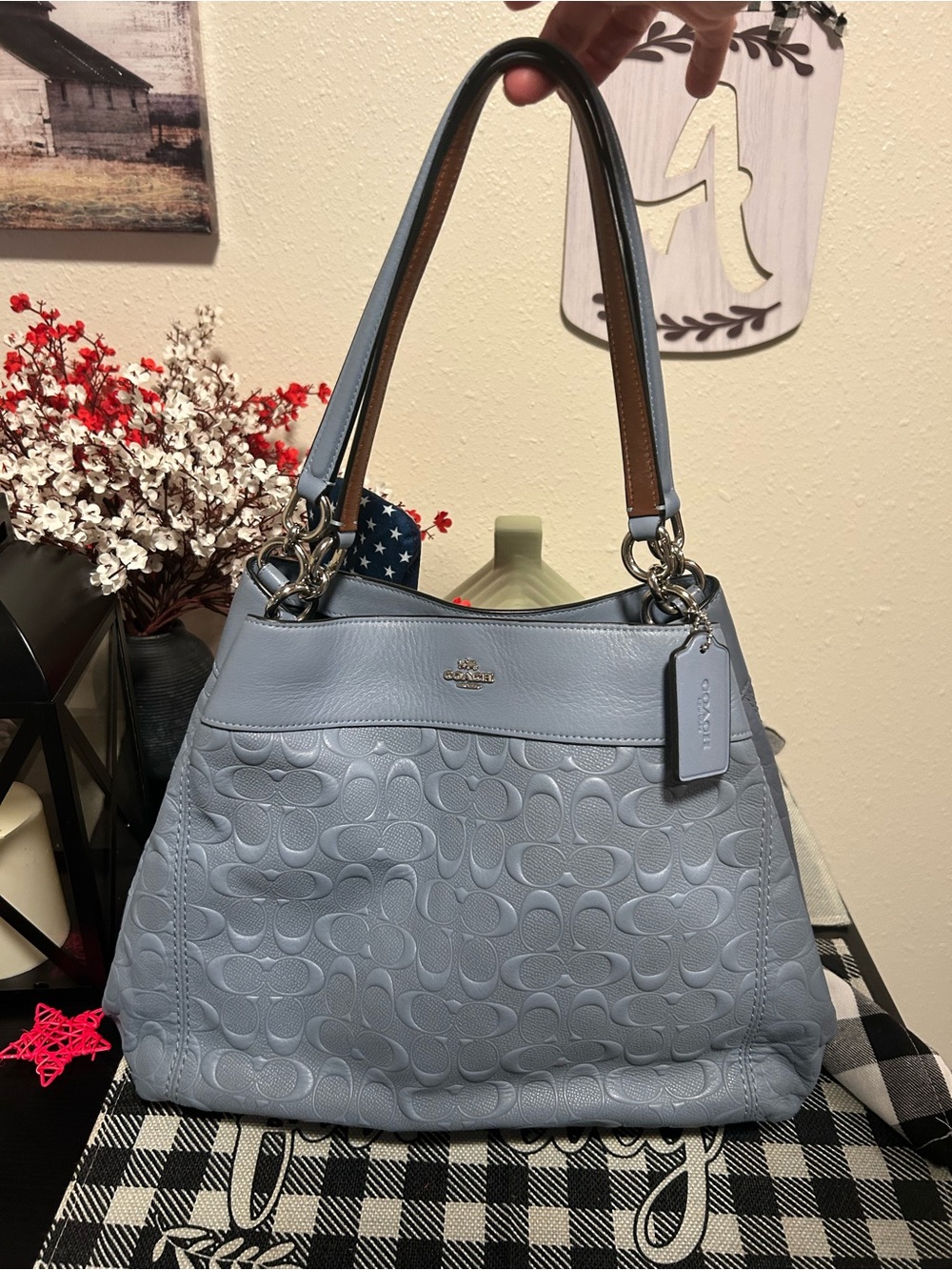 Coach Lexy “Blue Pool” Color Embossed Signature Leather Shoulder Bag-Nice!